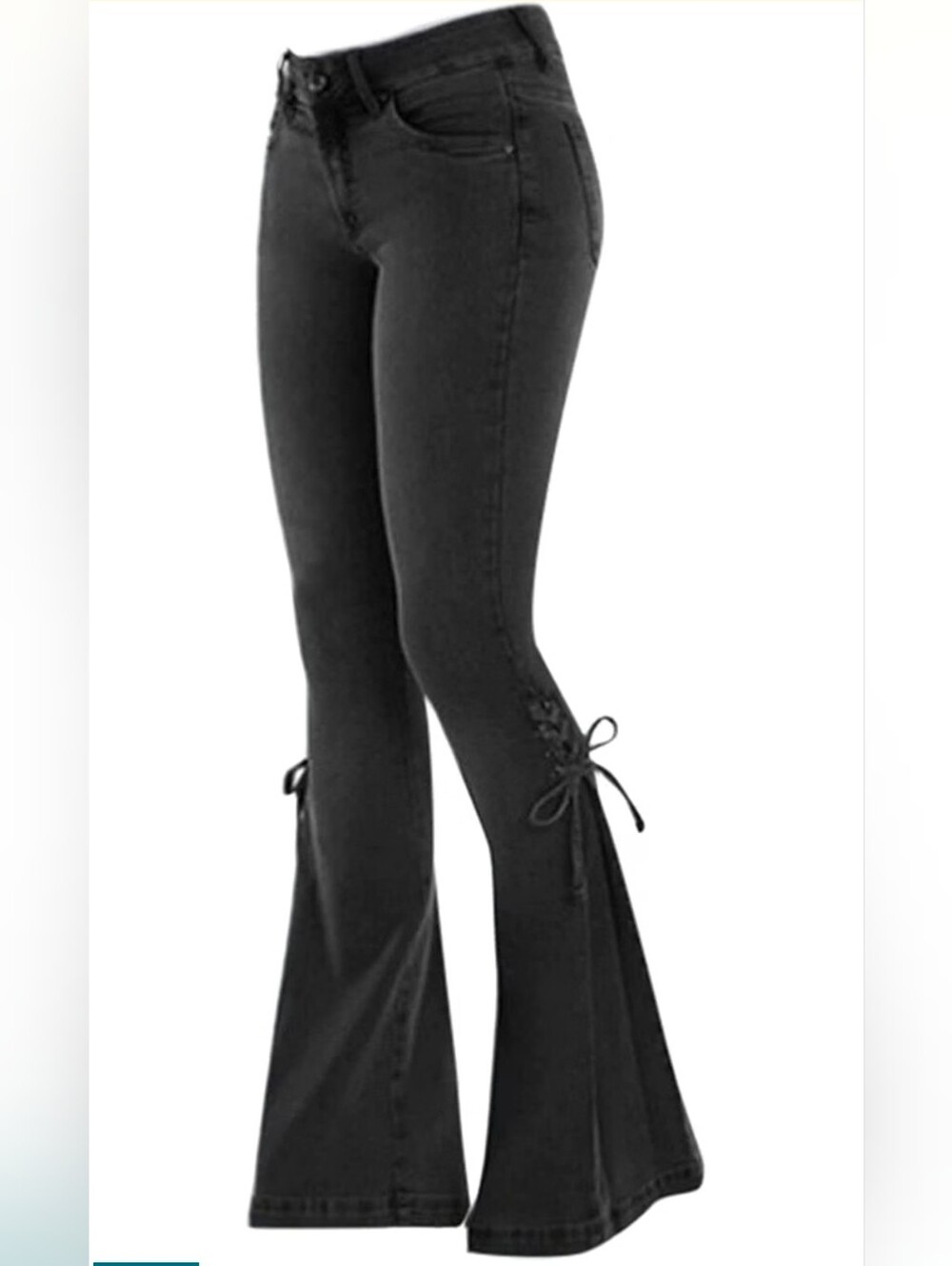 Women's Black High Waisted Lace-Up Flare Jeans Denim Pants